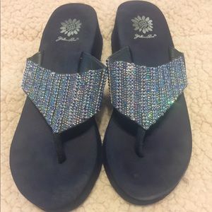 Yellow box blue wedge sparkly flip flops